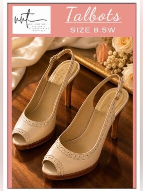 Talbots Collection Ivory Leather Slingback Peep Toe Heels 8.5W NWOB Wide
